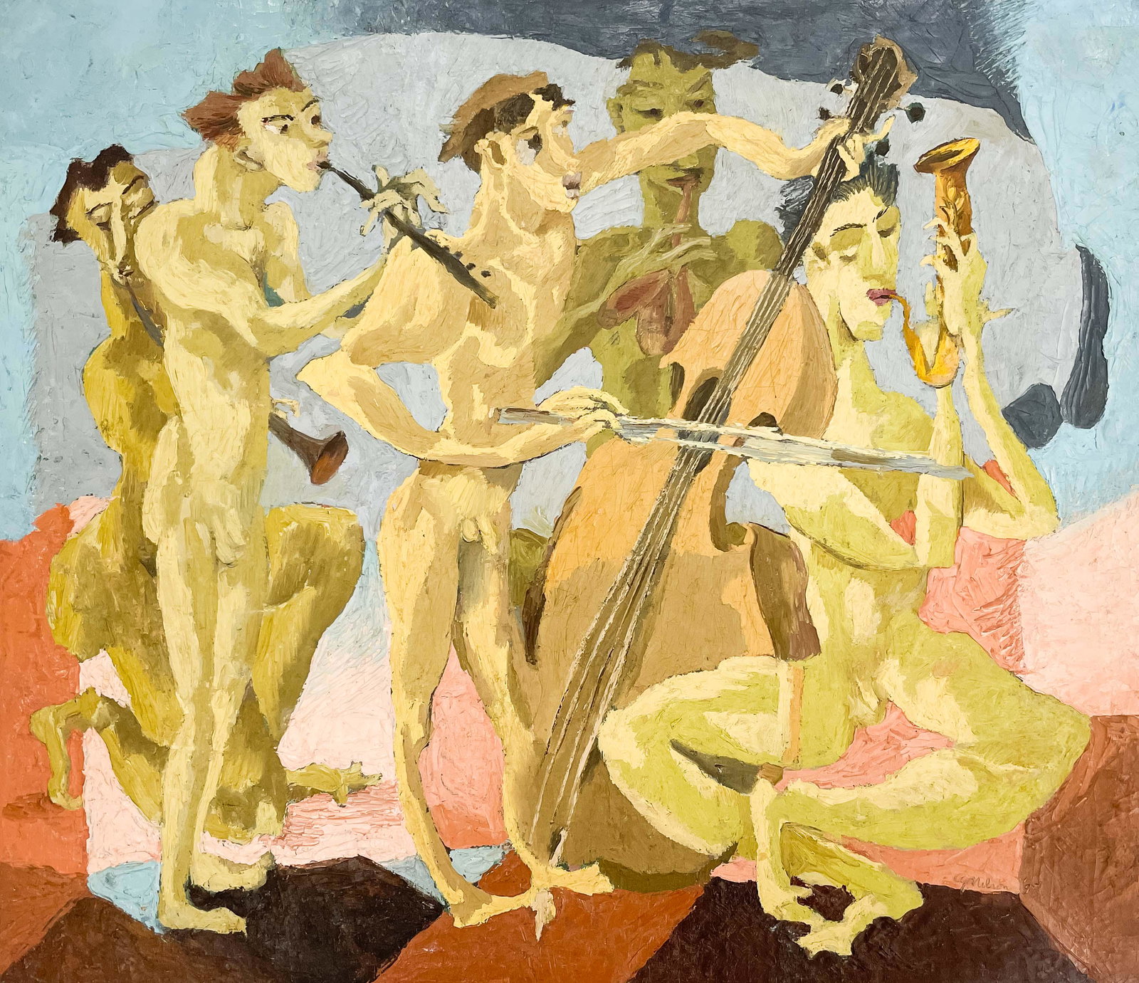 Carl Gustaf Simon Nelson - Nude Musicians: Lot 16 Carl Gustaf Simon Nelson American (1898-1988) Nude Musicians (1988) oil on canvas incised signature lower right 30 x 34 3/4 inches Provenance: Property from the Collection of Seymour Ste