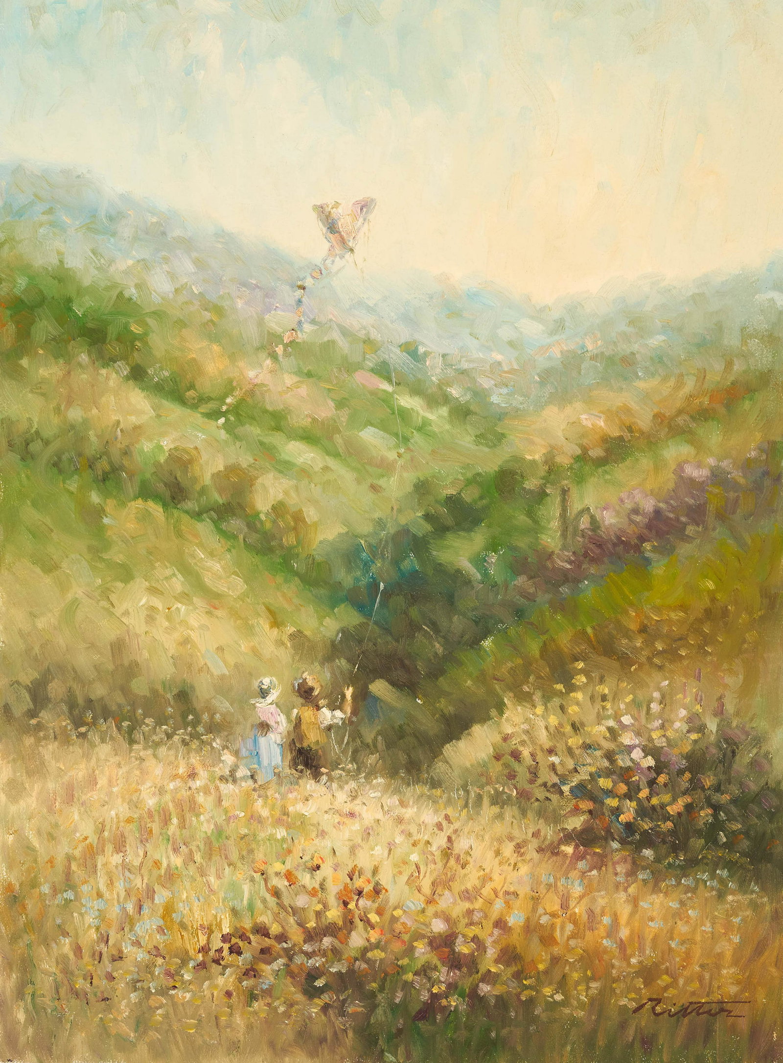 Laszlo Ritter - Kite Flying: Lot 164 Laszlo Ritter Hungarian (1937-2003) Kite Flying oil on canvas (unstretched) signed lower right 18 1/2 x 13 3/4 inches