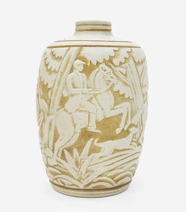 Georges Ventrillon for Mougin Vase: Lot 1  Georges Ventrillon for Mougin Vase  height: 11 3/4 inches Additional Information: ovoid shape carved with a landscape scene depicting riders chasing a stag 'GrÃ¨s Mougin Nancy 183.J' and 'mod