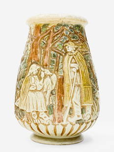 A. Goor for Mougin Vase: Lot 2  GrÃ¨s Mougin Nancy Vase height: 10 1/4 inches Additional Information: stoneware vase depicting a shepherds and sheep at the edge of a wood in front of a farm, stamped 'Mougin Nancy 221.J' and