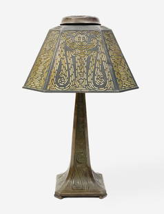 Tiffany Studios - Chinese Pattern Desk Lamp: Lot 7 Tiffany Studios - Chinese Pattern Desk Lamp slag glass and bronze with brown patina shade: 5 1/2 x 10 inches height: 16 1/2 inches Additional Information: slag glass with pierced overlay,