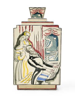 Lallemant 'Chopin' Vase: Lot 9  Lallemant 'Chopin' Vase height: 11 inches Additional Information: square vase with recessed base, stepped shoulder, and flared tapered neck decorated with polychrome scenes featuring composer F