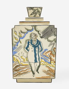 Lallemant 'Beethoven' Vase: Lot 10  Lallemant 'Beethoven' Vase height: 11 inches Additional Information: square vase with recessed base, stepped shoulder, and flared tapered neck decorated with polychrome scenes featuring Beetho