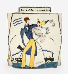 Lallemant 'La Belle Aventure' Vase fitted for lamp: Lot 12  Lallemant 'La Belle Aventure' Vase fitted for lamp 8 1/4 x 7 1/4 x 3 1/2 inches Additional Information: glazed and painted square earthenware vase, painted TR Lallemant on base Provenance:<