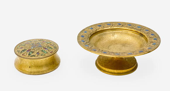 Tiffany Furnaces - Covered Box and Compote: Lot 15 Tiffany Furnaces - Covered Box and Compote Tiffany bronze doré and enamel covered box and compote larger (compote): 2 3/4 x 7 inches Additional Information: both stamped to underside: