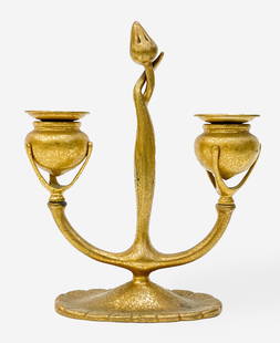 Tiffany Studios - Candelabra: Lot 16 Tiffany Studios - Candelabra Tiffany two-light bronze doré candelabra with flower bud motif center height: 9 1/4 inches Additional Information: stamped to underside: 'Tiffany Studios'