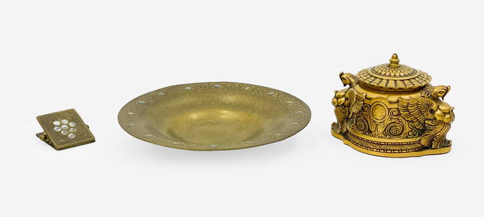 Tiffany Studios - Group of 3 Desk Articles: Lot 17 Tiffany Studios - Group of 3 Desk Articles group of three Tiffany bronze desk articles, comprising an inkwell in the 'Spanish' pattern (with glass insert), and a tray and letter clip in the