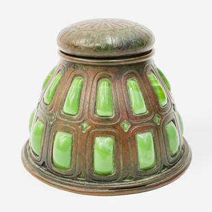 Tiffany Studios - Inkwell: Lot 23 Tiffany Studios - Inkwell Tiffany patinated bronze and blown-out green glass inkwell with clear glass liner height: 3 1/4 inches Additional Information: stamped to underside: 'Tiffany