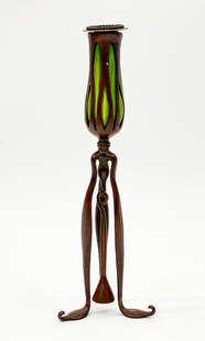 Tiffany Studios - Candlestick With Snuffer: Lot 24 Tiffany Studios - Candlestick With Snuffer Tiffany bronze candlestick with blown-out green glass height: 11 3/4 inches Additional Information: bearing faint stamp to underside, likely 'Tiffany