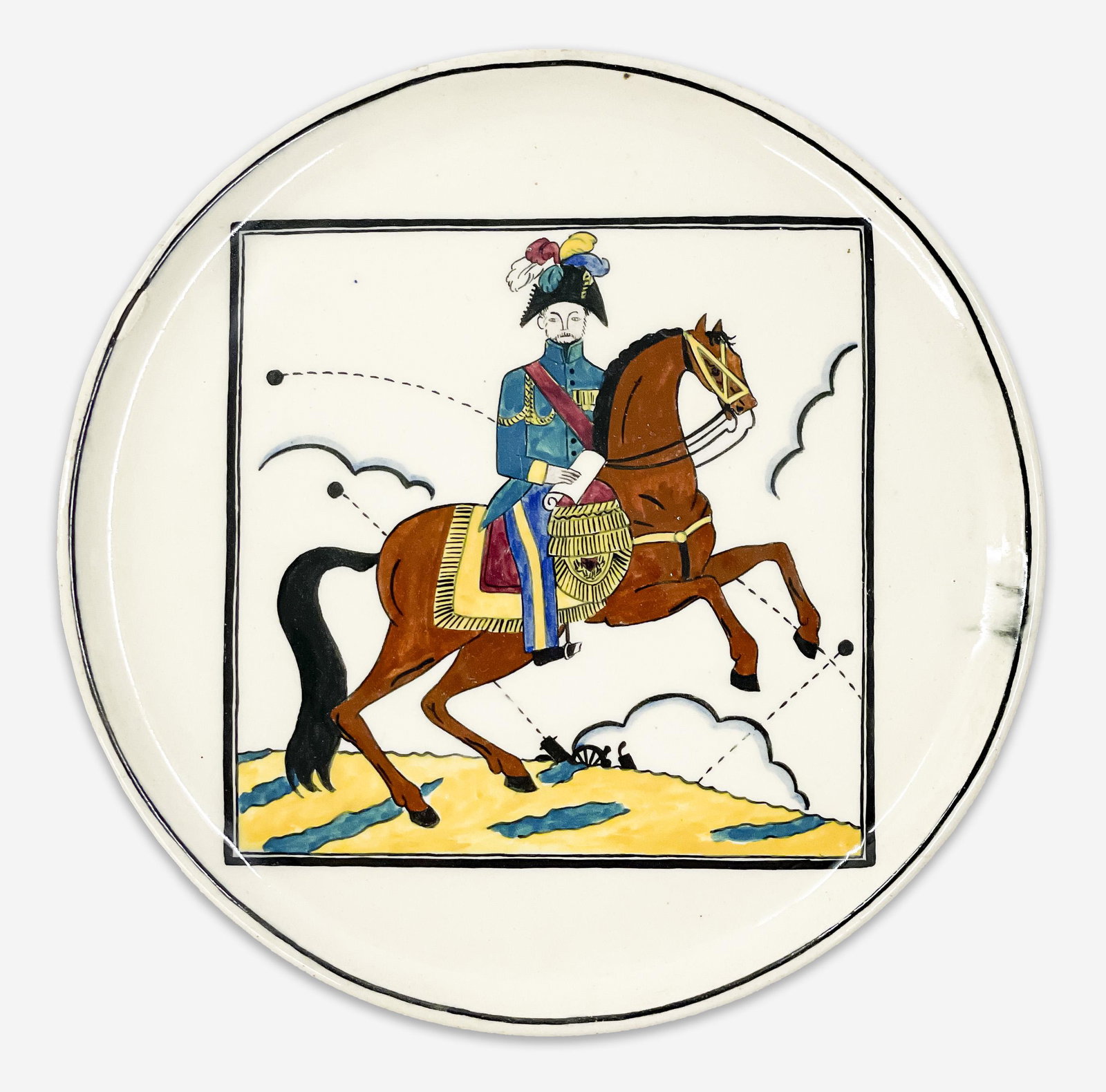 Lallemant Plate with General on Horse: Lot 26 Lallemant Plate with General on Horse diameter: 9 inches Additional Information: glazed earthenware plate depicting a military general atop his horse with cannon balls flying in the background,