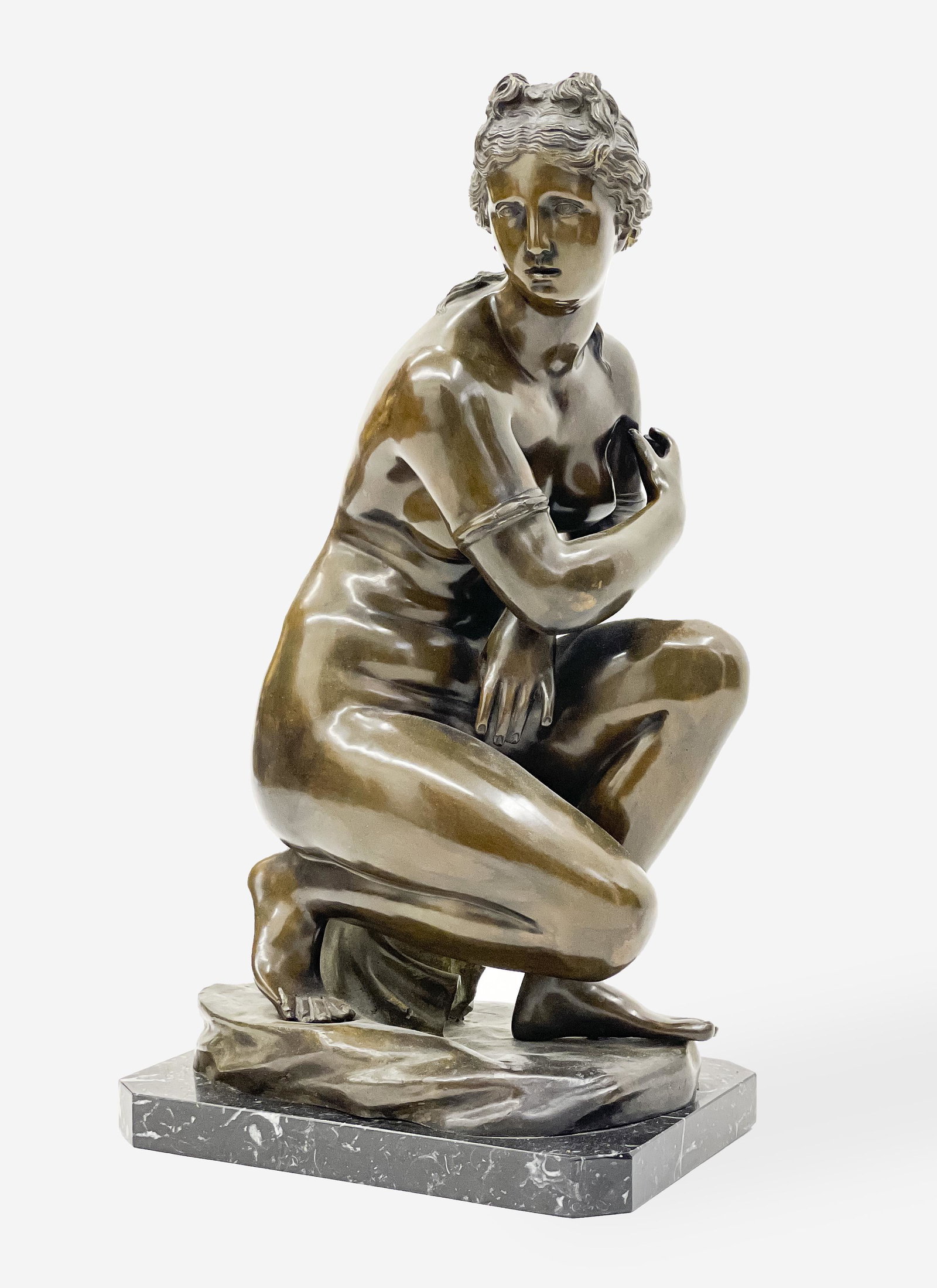 Italian Bronze Model of Crouching Venus: Lot 49 Italian Bronze Model of Crouching Venus bronze mounted on marble base with Vincenzo Salomone foundry seal, incised 'Vincenzo Salomone Foundry / Crafted in Naples Italy' with signature on side h