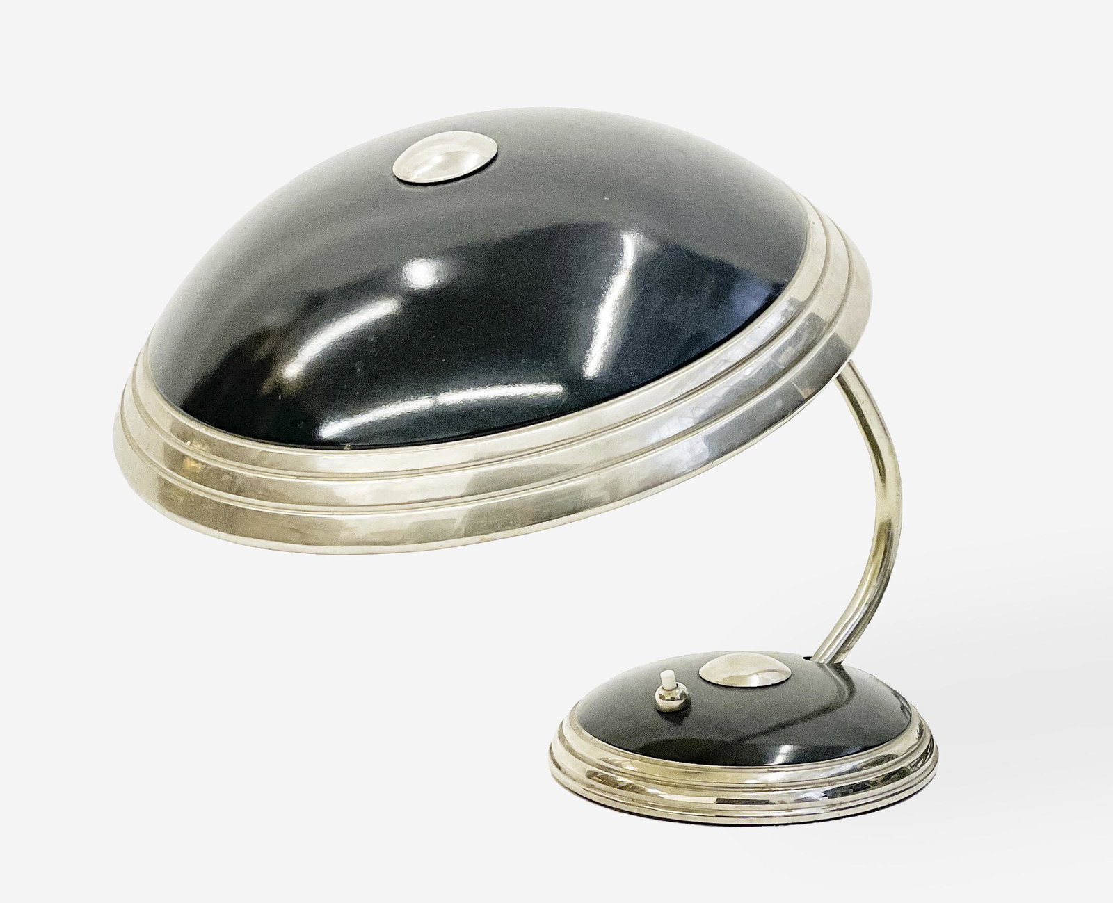 Manner of Max Schumacher - German Bauhaus Lamp by Helo: Lot 120 Manner of Max Schumacher German Bauhaus Lamp by Helo Leuchten chrome and enamel table lamp, height: 12 inches Additional Information: 'Helo' trademarked felted underside Provenance: f