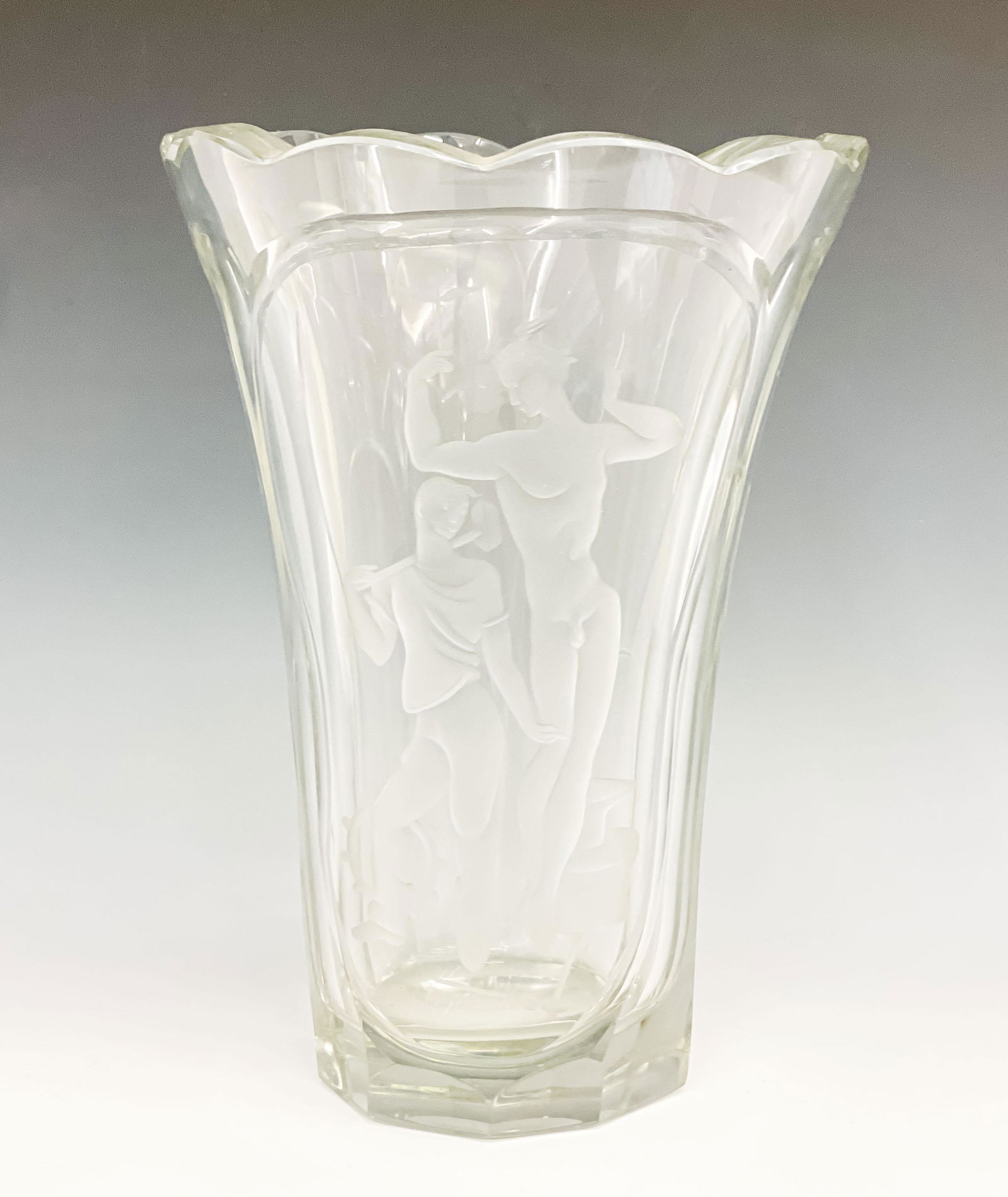 Art Deco Etched Glass Vase: Lot 149 Art Deco Etched Glass Vase having etched design of Hermes and a metalsmith height: 9 3/4 inches Provenance: Property from the Collection of Seymour Stein
