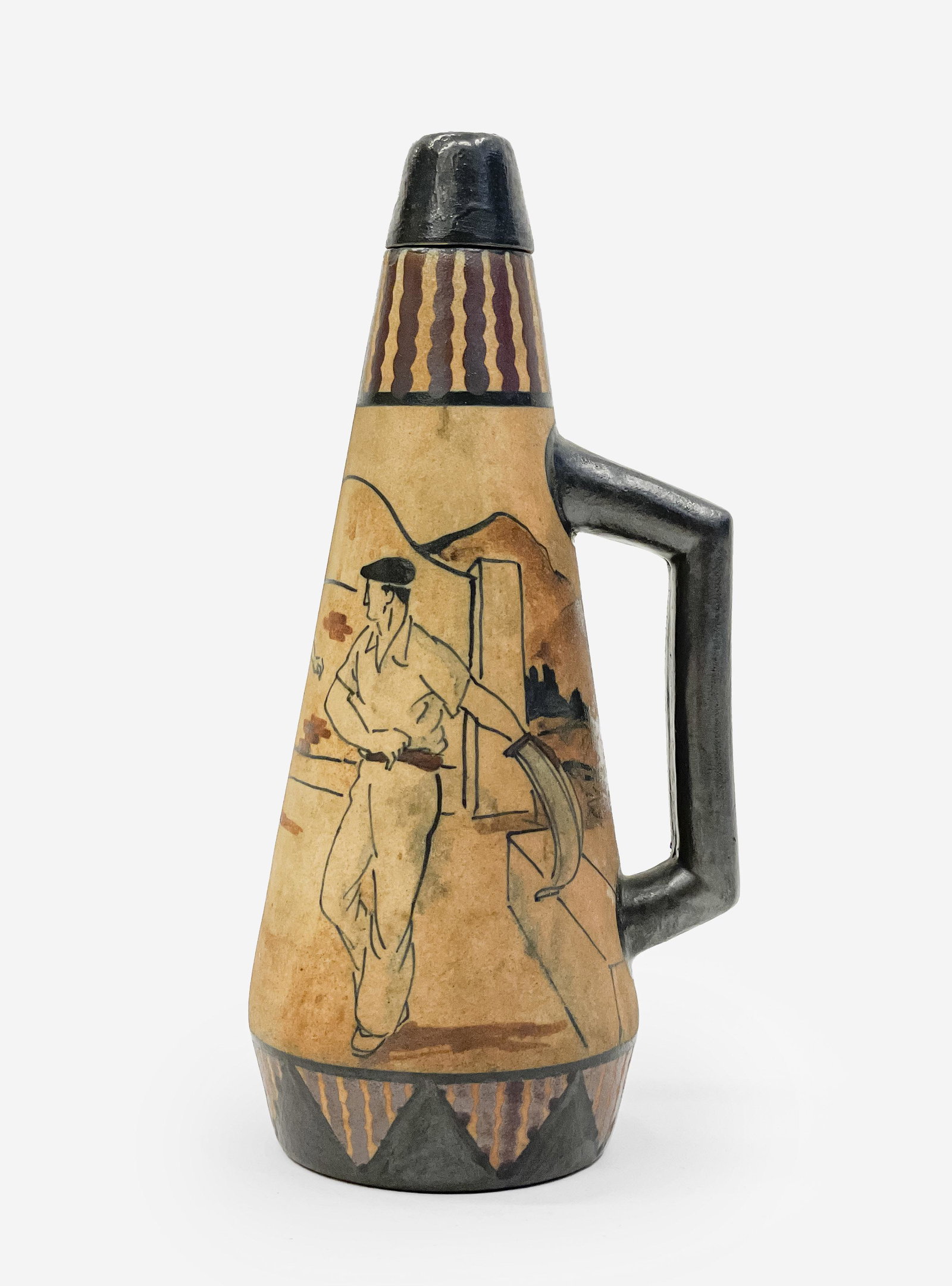 Small Decanter with Cork Lid and Handle: Lot 182 Small Decanter with Cork Lid and Handle height: 8 inches Additional Information: glazed earthenware decanter depicting men playing a game in a village, signed on bottom, 'H. Touton' and stampe