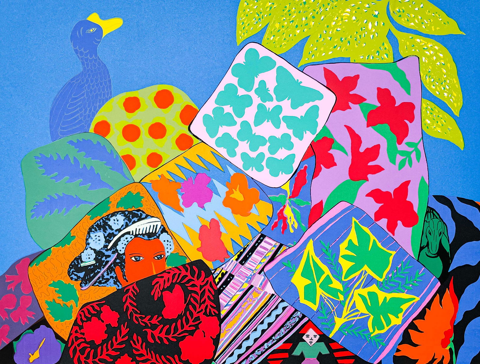 Hunt Slonem - Untitled (Patterns and Figures with Blue Background) (1 of 5)