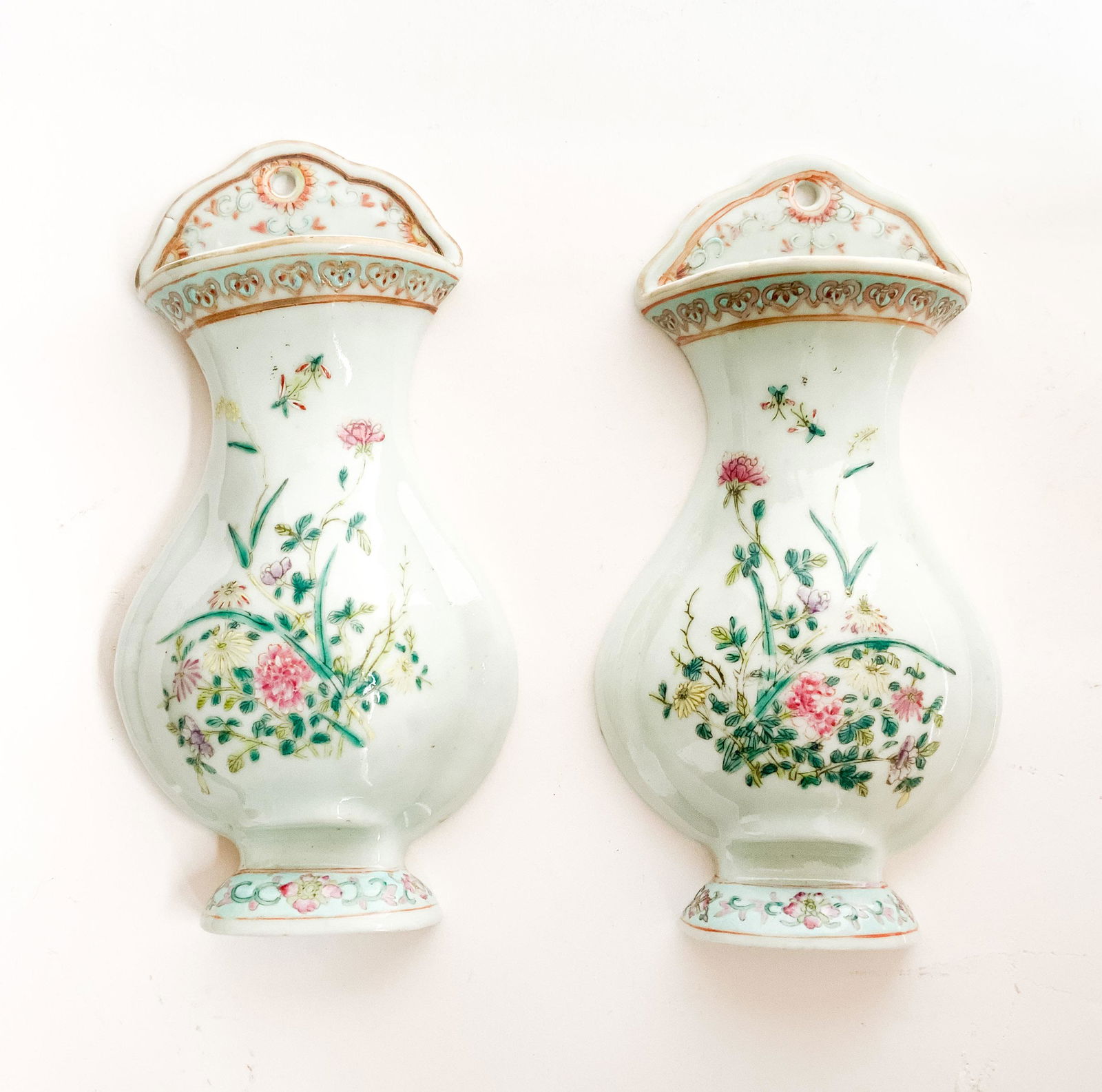 Pair of Chinese Porcelain Famille Rose Wall Pockets (1 of 4)