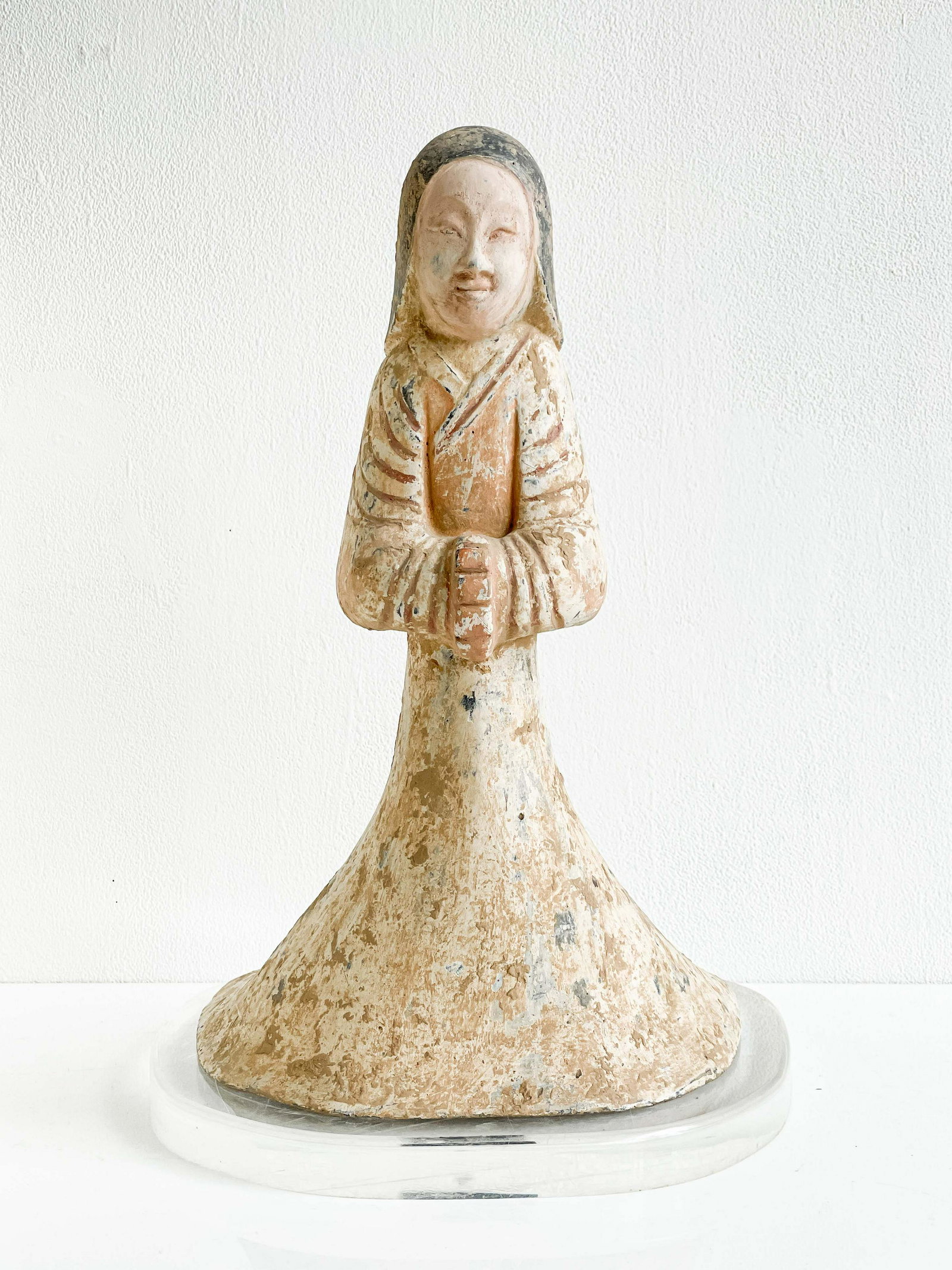 Chinese Han Style Pottery Figure: Lot 190 Chinese Han Style Pottery Figure with lucite stand and with some painted details height: 16 1/2 inches width: 10 1/2 inches