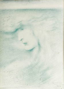 Simeon Solomon - Aqua: Lot 227 Simeon Solomon British (1840-1905) Aqua (1894) blue chalk on paper signed lower right sight: 17 3/8 x 12 3/8 inches frame dimensions: 25 1/4 x 19 3/8 x 1 1/4 inches, wood frame with glazing P