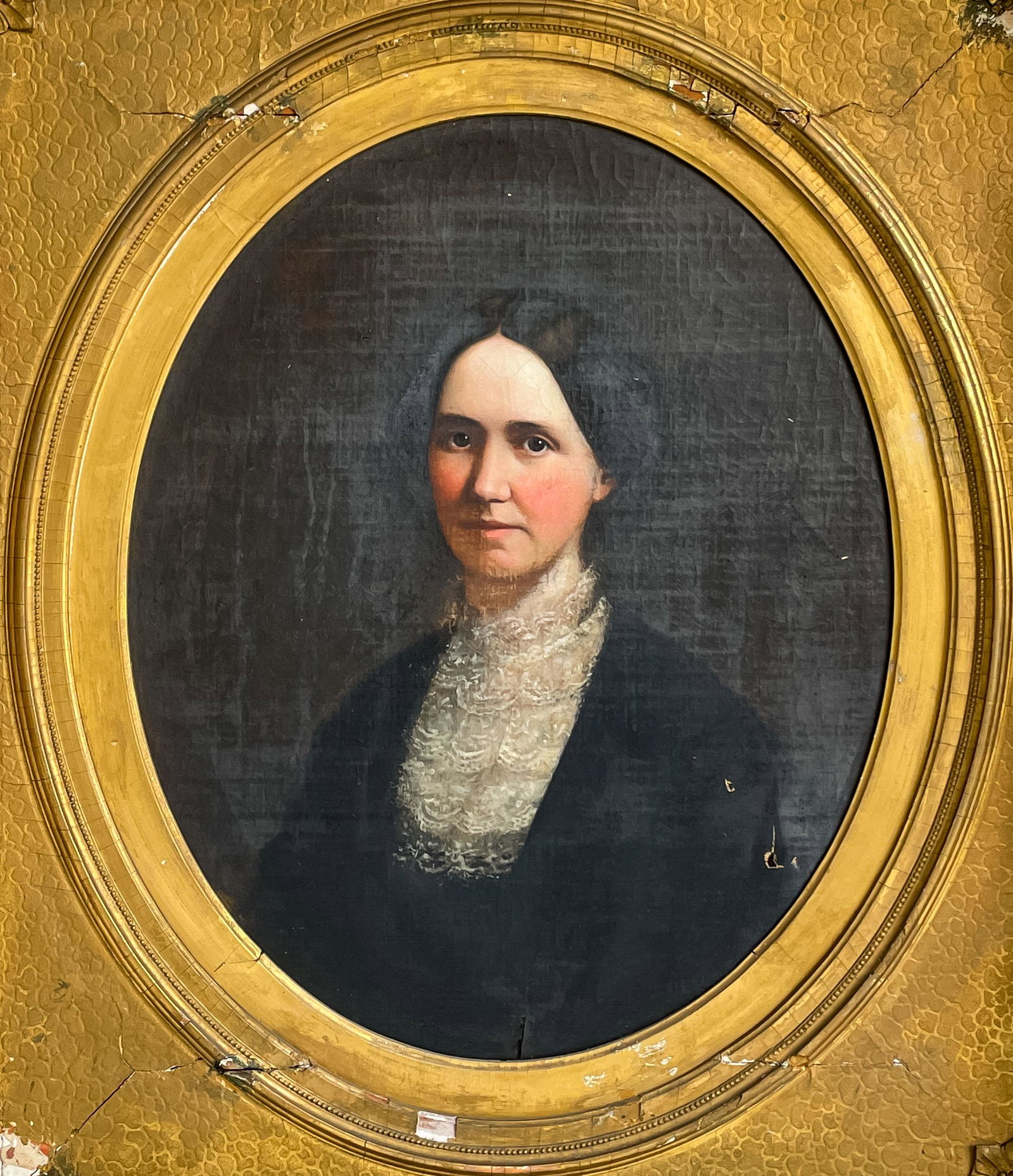 American School - Portrait of a Lady: Lot 23 American School Portrait of a Lady (late 19th century) oil on canvas 30 x 25 inches frame dimensions: 39 1/4 x 34 1/4 x 4 inches, large and ornately carved giltwood Provenance: From a Deal, NJ 