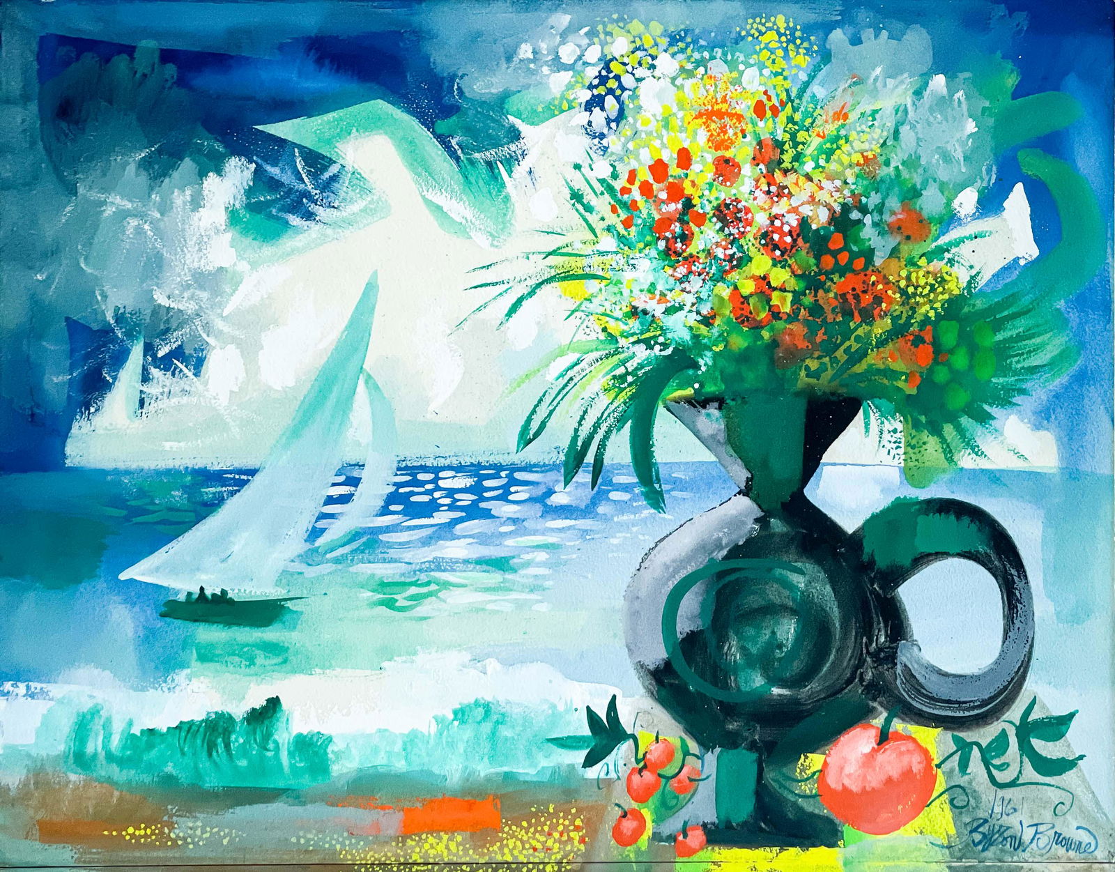 George Byron Browne - Untitled (Still Life): Lot 81 George Byron Browne American (1907-1961) Untitled (Still Life) (1961) gouache on board signed lower right 20 x 26 inches frame dimensions: 23 5/8 x 30 1/4 x 1 1/4 inches,wood frame with glazing