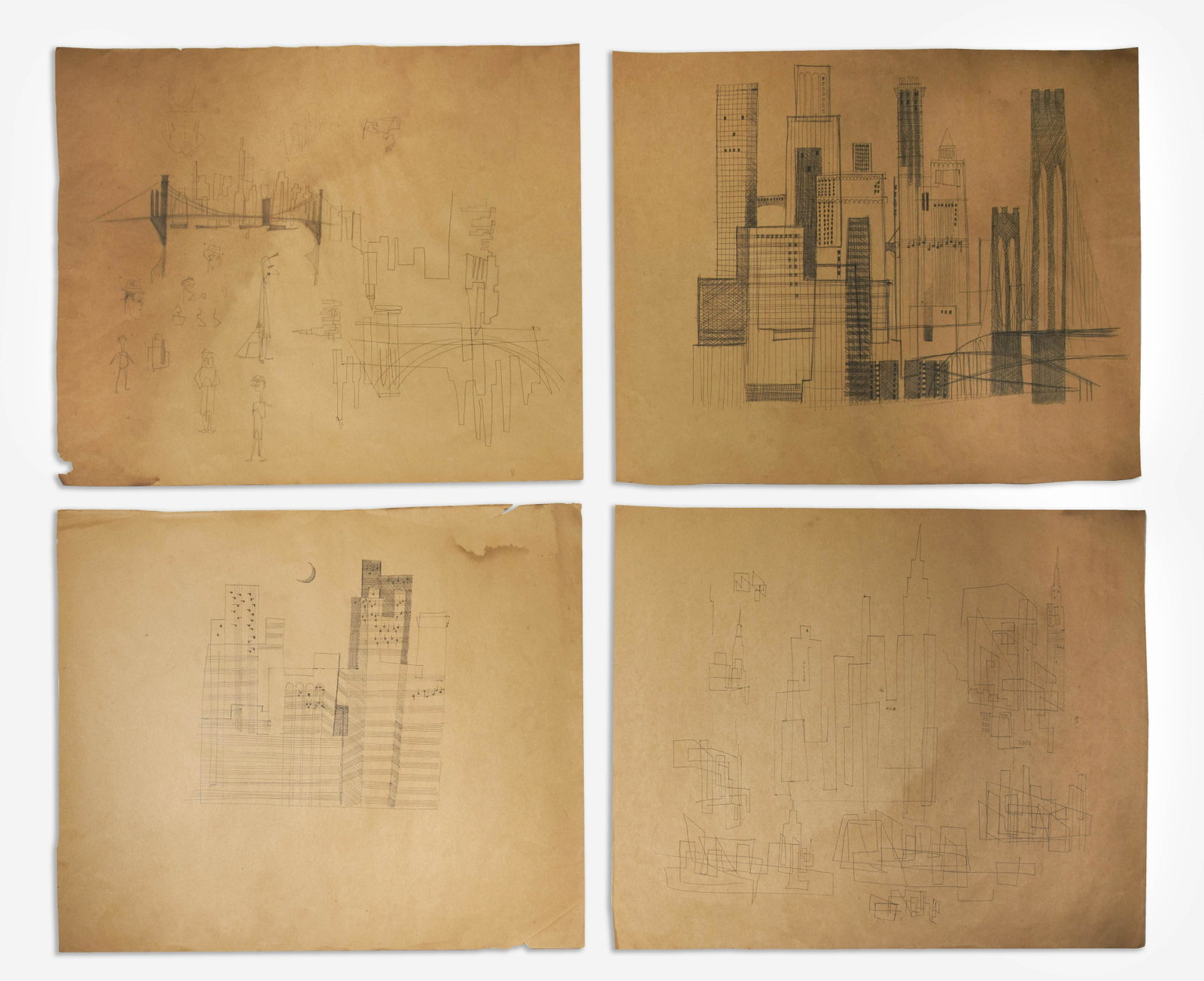 Benoît Gilsoul - 4 New York Skyline Sketches: Lot 106 Benoît Gilsoul Belgian (1914-2000) 4 New York Skyline Sketches pen and pencil on brown paper each: 20 x 24 inches unframed Provenance: From the Estate of Benoît Gilsoul