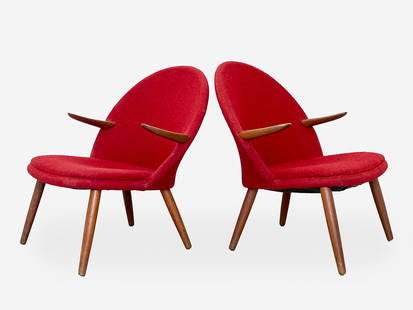 Kurt Olsen for Glostrup Møbelfabrik, Pair of Chairs: Lot 121 Kurt Olsen for Glostrup Møbelfabrik, Pair of Chairs having teak armrests and legs, with red wool upholstery, made in Denmark 31 x 27 1/2 x 27 inches seat height: 16 inches 