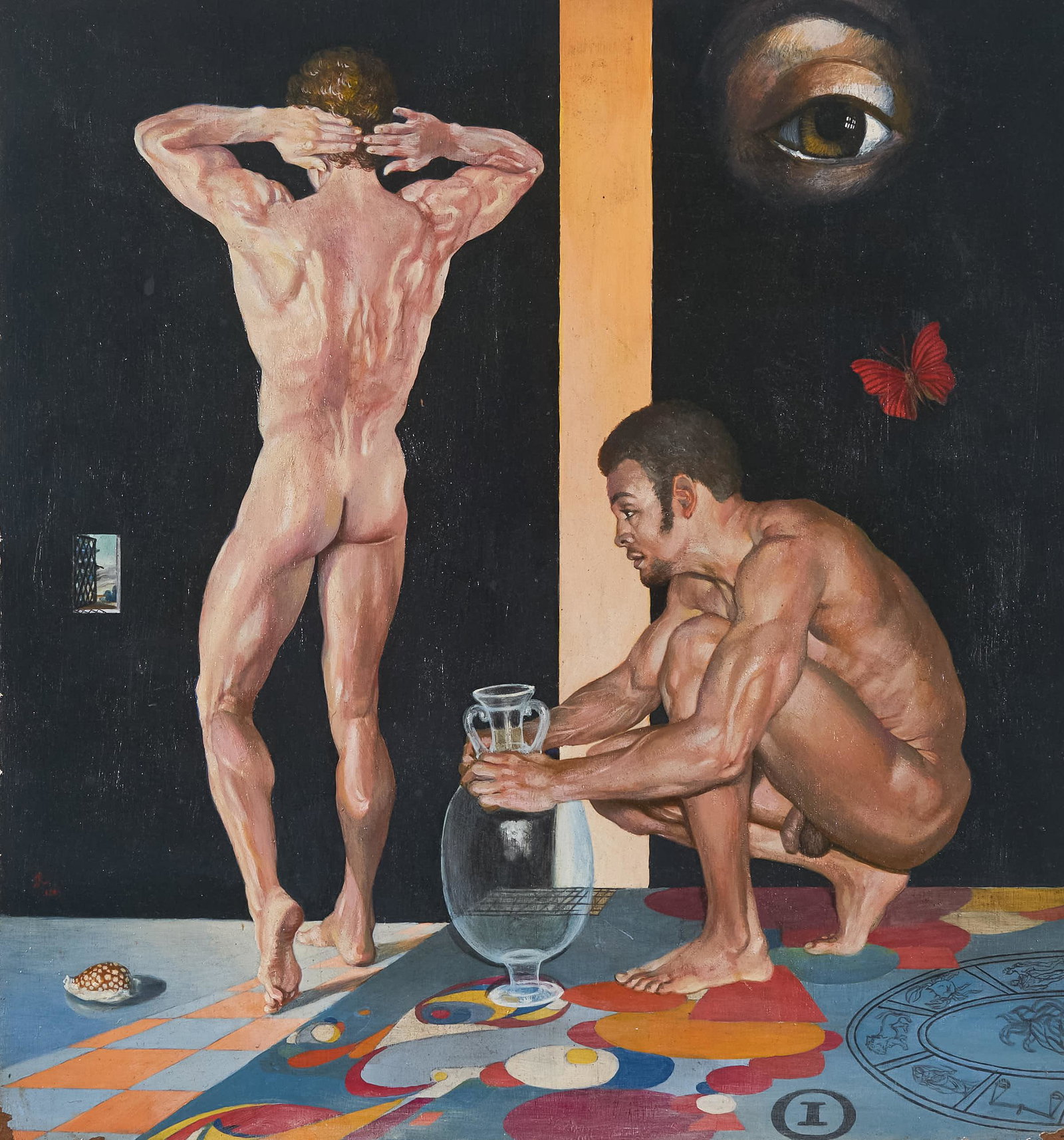 Unknown Artist - Untitled (Male Nudes): Lot 17 Unknown Artist (XX/XXI) Male Nudes in Surrealist Scene(1969) signed with initials JR lower left oil on masonite 16 x 15 inches unframed Provenance: From a Private New York collection