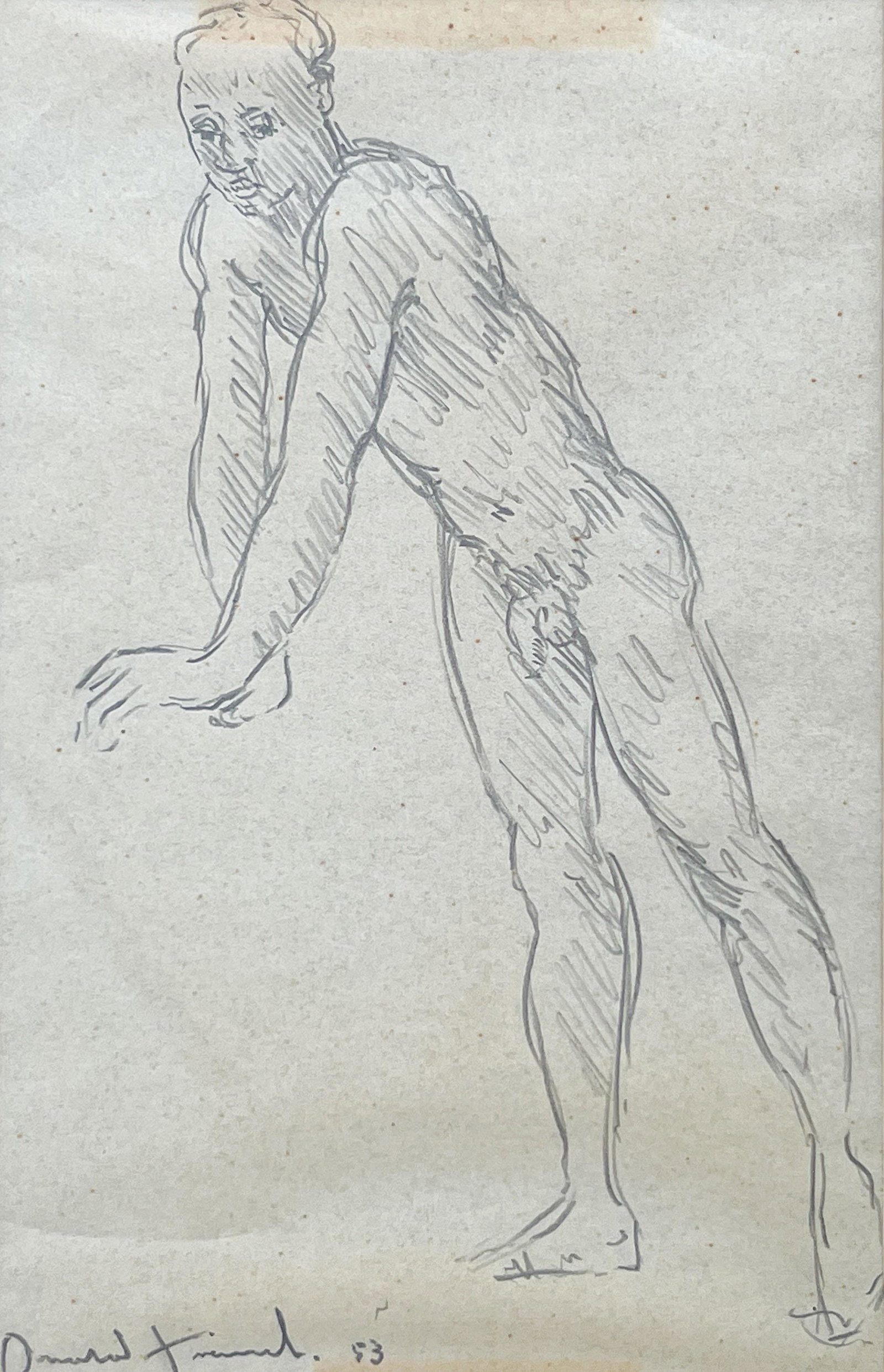 Donald Friend - Untitled (Standing Male Nude): Lot 20 Donald Friend Australian (1915-1989) Untitled (Standing Male Nude) (1953) graphite on paper signed lower left sight: 9 1/2 x 6 1/4 inches frame dimensions: 16 x 12 3/4 x 3/4 inches, wood frame 
