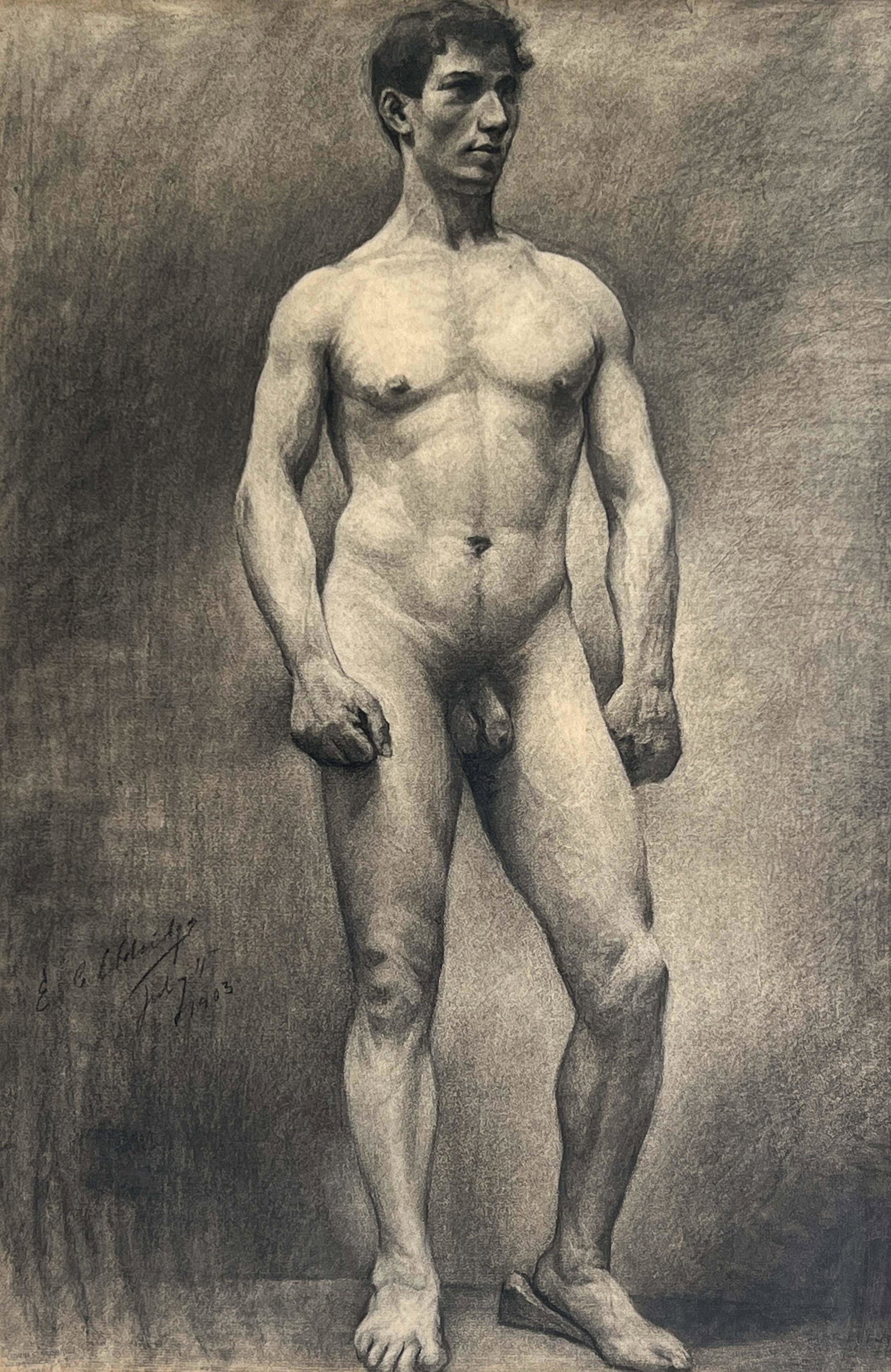 Edwin C. Eldridge - Male Nude: Lot 44 Edwin C. Eldridge American (1854-1926) Male Nude (1903) charcoal on paper signed lower left sight: 29 x 19 inches frame dimensions: 40 3/8 x 30 1/4 x 1 1/4 inches,wood frame with glazing Proven