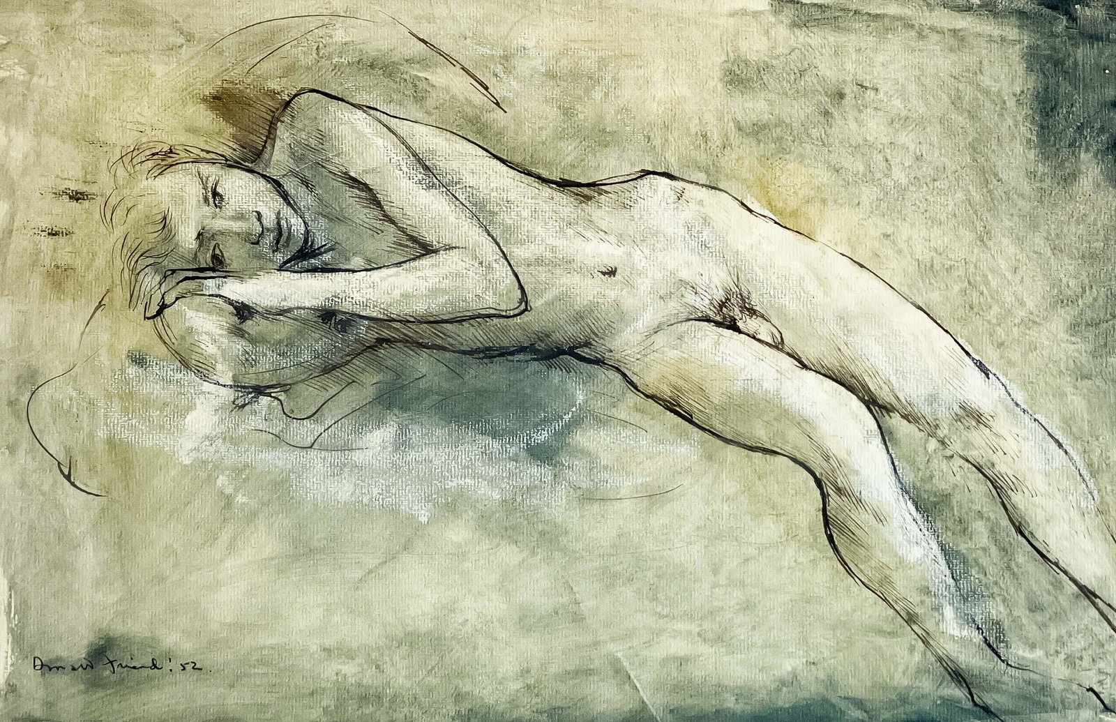 Donald Friend - Reclining Figure I: Lot 59 Donald Friend Australian (1915-1989) Reclining Figure I (1952) ink, wash, and white highlights on paper sight: 11 7/8 x 18 1/2 inches frame dimensions: 20 3/8 x 25 3/8 x 1 inches,wood frame wit