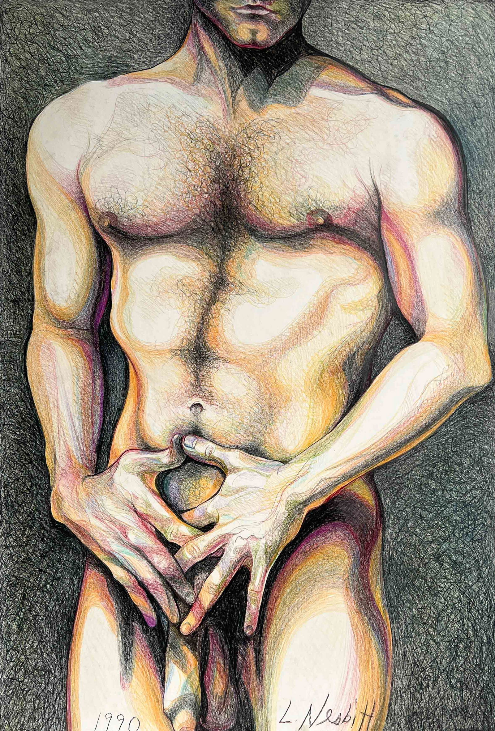 Lowell Nesbitt - Untitled (Nude in Orange and Purple): Lot 96 Lowell Nesbitt American (1933-1993) Untitled (Nude in Orange and Purple) (1990) colored pencil on Bainbridge illustration board signed lower right 58 x 40 inches unframed Provenance: From the E