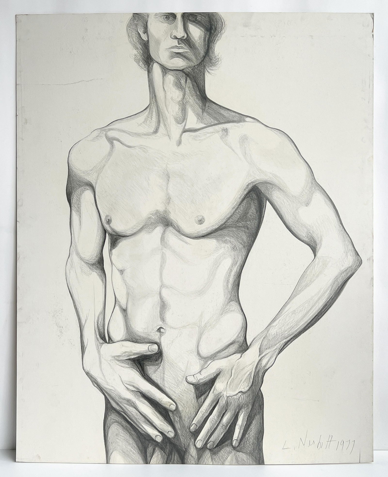 Lowell Nesbitt - Untitled (Male Nude): Lot 100 Lowell Nesbitt American (1933-1993) Untitled (Male Nude) (1977) graphite on Artist's Board signed lower right 48 1/2 x 38 3/4 inches Provenance: From the Estate of Lowell Nesbitt