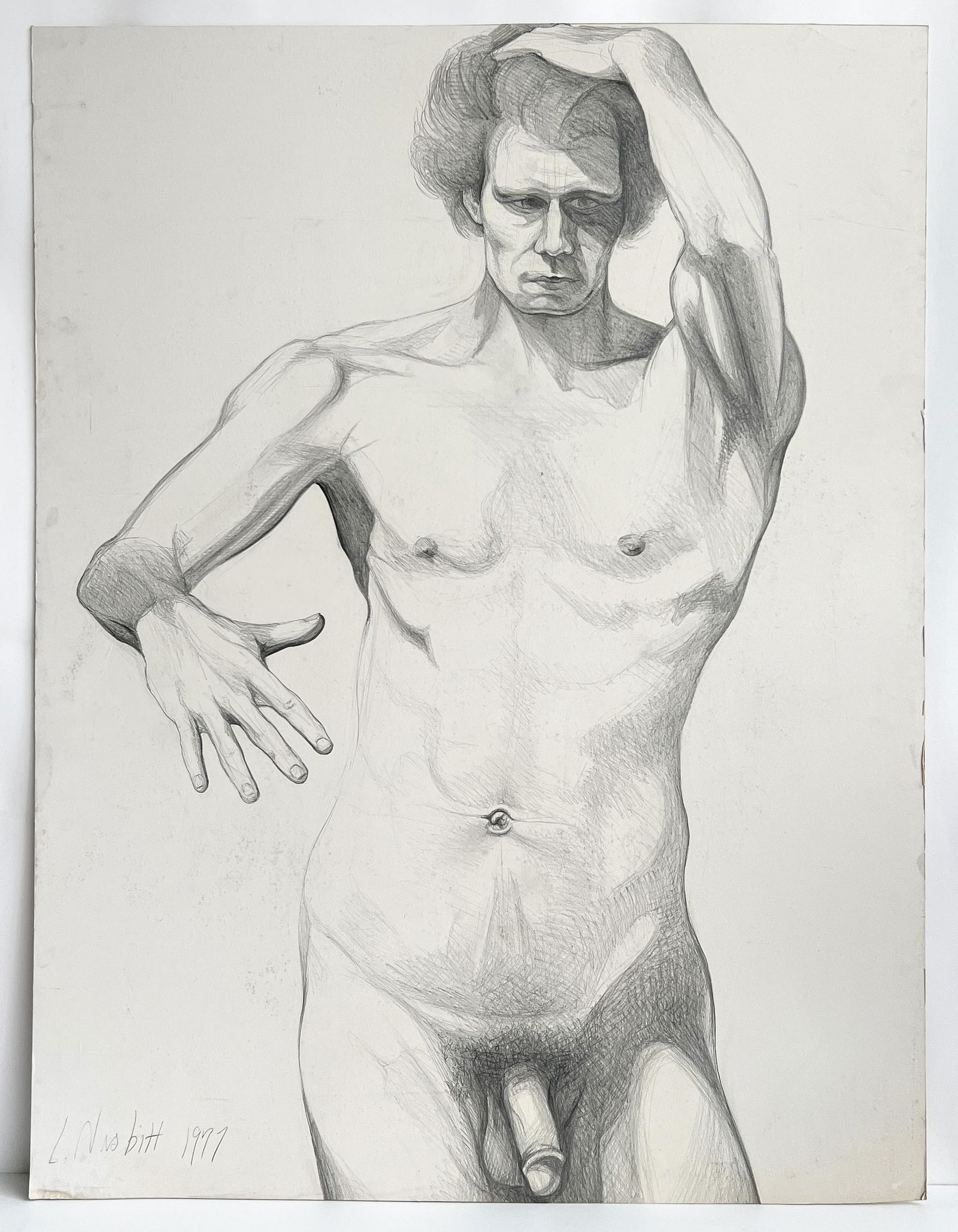Lowell Nesbitt - Untitled (Nude Male): Lot 101 Lowell Nesbitt American (1933-1993) Untitled (Nude Male) (1977) graphite on Artist's Board signed lower left 52 1/2 x 40 inches Provenance: From the Estate of Lowell Nesbitt