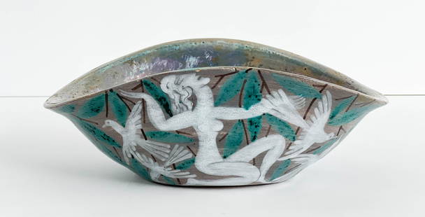 Édouard Cazaux - Bowl: Lot 92 Édouard Cazaux French (1889-1974) Bowl glazed earthenware decorated with figures and birds, signed to base incised to base 4 1/4 x 11 1/2 x 8 inches Provenance: Property from the