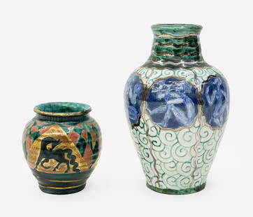 Édouard Cazaux - 2 Vases: Lot 95 Édouard Cazaux French (1889-1974) 2 Vases glazed earthenware small one signed on bottom tallest: 11 inches Additional Information: reoffer due to nonpaying bidder Provenance: Property