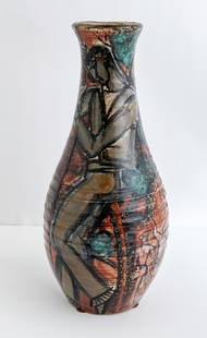 Édouard Cazaux - Vase: Lot 96 Édouard Cazaux French (1889-1974) Vase glazed earthenware decorated with figures, signed to base incised to base 15 1/4 x 7 1/4 inches Provenance: Property from the Collection of