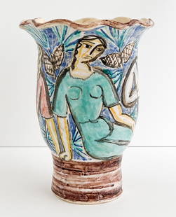 Édouard Cazaux - Vase: Lot 97 Édouard Cazaux French (1889-1974) Vase glazed earthenware with wavy rim, decorated with an accordion player and figures, signed to base signed to base 11 x 8 1/4 inches Provenance: Proper