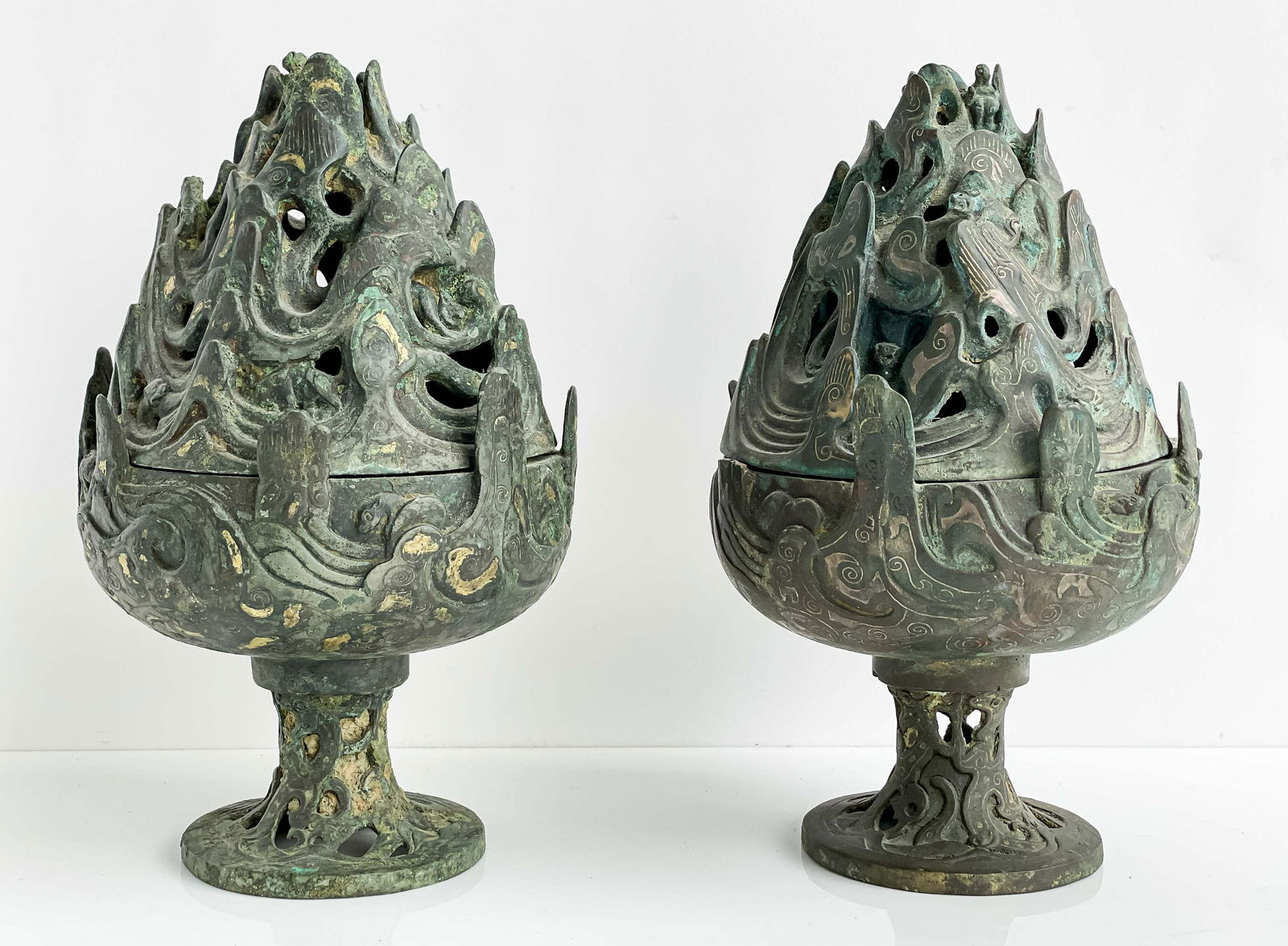 Pair of Chinese Inlaid Bronze Mountain Form Censers and Covers, Boshanlu (1 of 7)