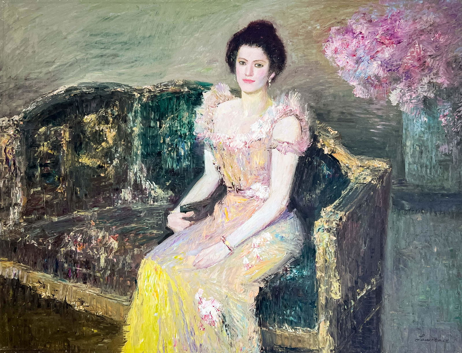 Lawrence (Law Kwok Leung) - Woman in Yellow Dress: Lot 33 Lawrence (Law Kwok Leung) Chinese (b.1956) Woman in Yellow Dress oil on canvas (unstretched) signed lower right 30 3/4 x 40 inches