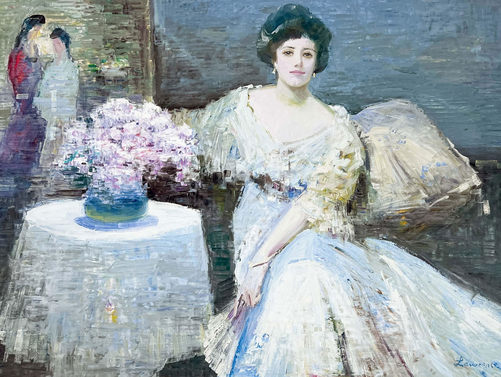 Lawrence (Law Kwok Leung) - Sitting Woman in White: Lot 42 Lawrence (Law Kwok Leung) Chinese (b.1956) Sitting Woman in White oil on canvas (unstretched) signed lower right 29 3/4 x 40 inches