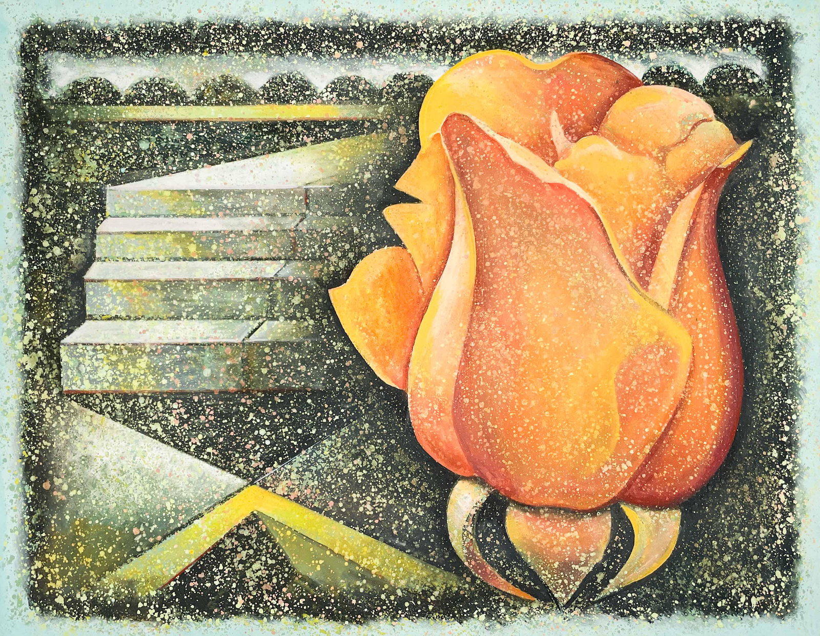 Lowell Nesbitt - Yellow Rosebud Stair: Lot 44 Lowell Nesbitt American (1933-1993) Yellow Rosebud Stair (1993) oil on canvas signed verso 22 x 28 inches frame dimensions: 23 1/2 x 29 1/2 x 1 3/4 inches,strip frame Provenance: From the Estat