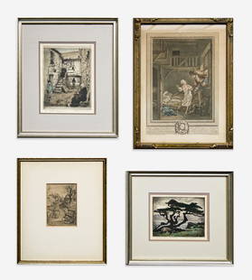 Various Artists - 4 Works on Paper: Lot 121 Various Artists (XIX/XX) 4 Works on Paper various media lot includes: Pierre-Phillippe Choffard after Pierre-Antoine Baudouin, engraving Constantine E. Meunier, charcoal on paper Joseph Marg