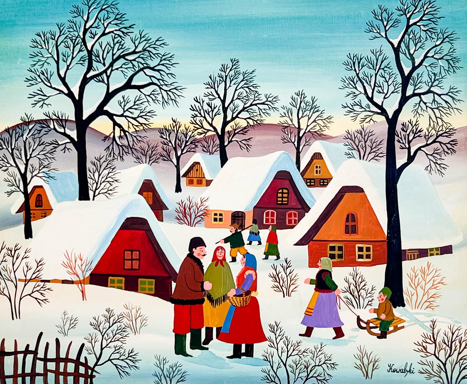 A. Kowalski - Untitled (Winter Village): Lot 212 A. Kowalski Hungarian (b. 1926) Untitled (Winter Village) oil on canvas (unstretched) signed lower right 22 x 26 1/8 inches unframed