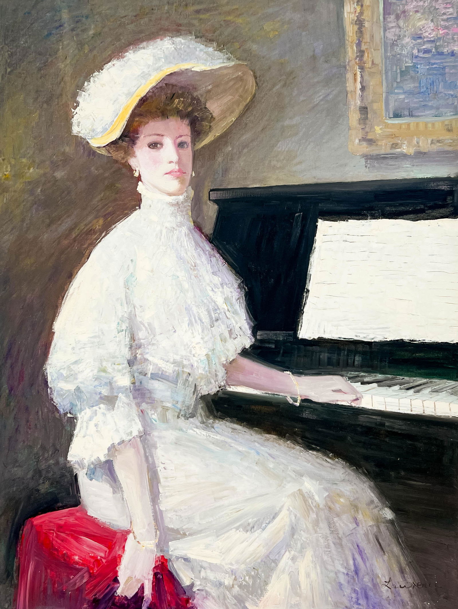 Lawrence (Law Kwok Leung) - Woman Playing Piano: Lot 231 Lawrence (Law Kwok Leung) Chinese (b.1956) Woman Playing Piano oil on canvas (unstretched) signed lower left 42 x 32 1/8 inches unframed