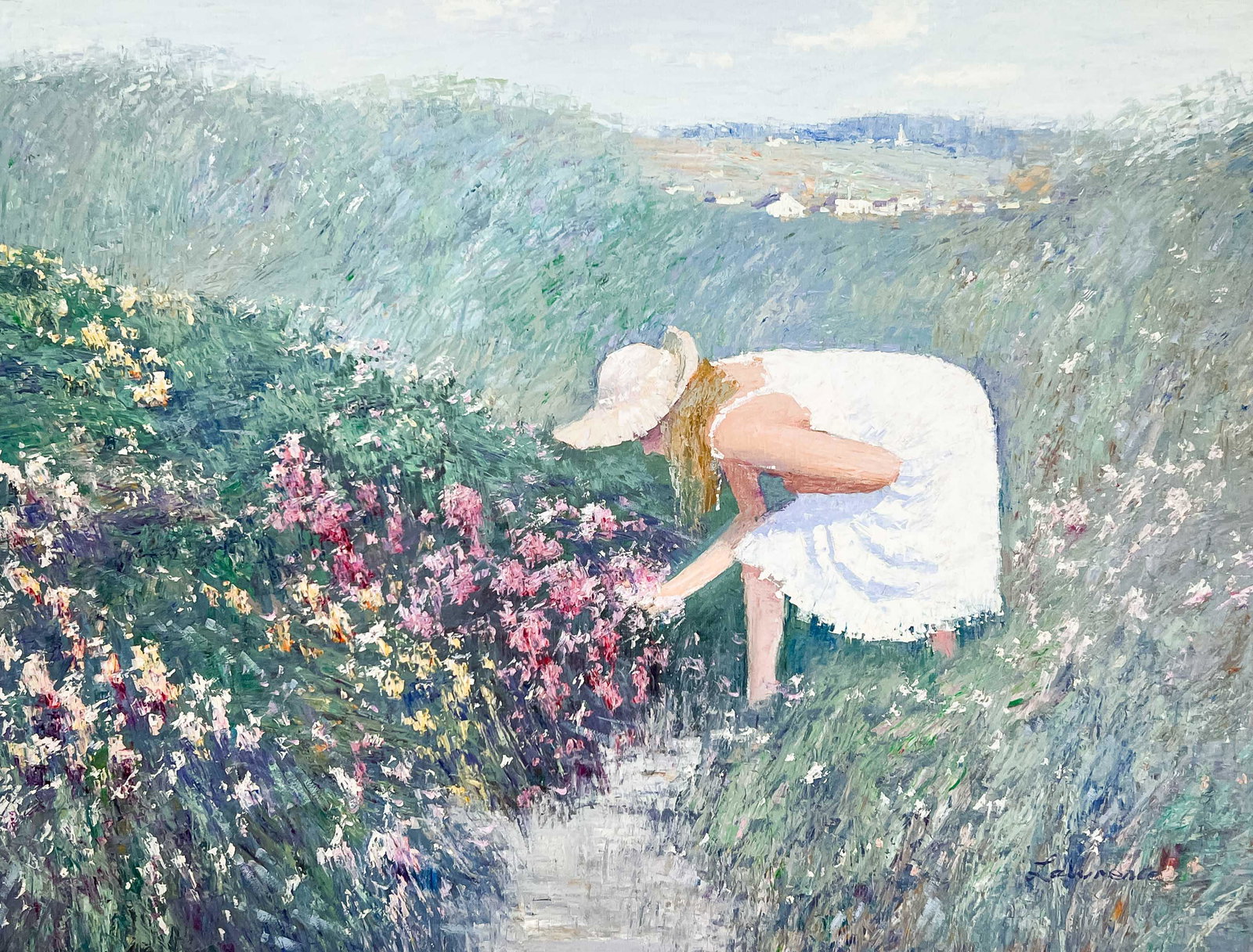 Lawrence (Law Kwok Leung) - Woman Gathering Wildflowers: Lot 277 Lawrence (Law Kwok Leung) Chinese (b.1956) Woman Gathering Wildflowers oil on canvas (unstretched) signed lower right 32 1/4 x 42 inches unframed