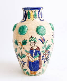 Édouard Cazaux (attributed) - Vase: Lot 24 Édouard Cazaux (attributed) French (1889-1974) Vase glazed ceramic depicting figures among towering flowers, in the manner of Persian Qajar Period design height: 13 1/4 inches Provenance: