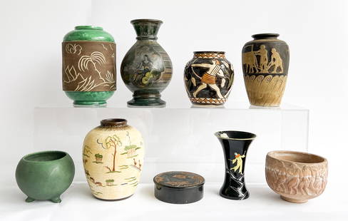 Assortment of Pottery and Glass Vessels: Lot 97 Assortment of Pottery and Glass Vessels comprising: a low-fired, unfinished bowl decorated with an Edouard Cazaux design; a ceramic vase with musician motifs, bearing illegible signature to un