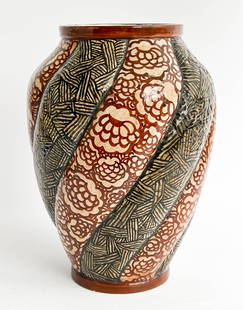 Lachenal French Pottery Vase: Lot 115 Lachenal French Pottery Vase Edmond or Raoul Lachenal glazed vase with lobbed body and floral and geometric motifs, signed to base and further inscribed 12 1/4 x 9 3/4 inches Provenance: Prop