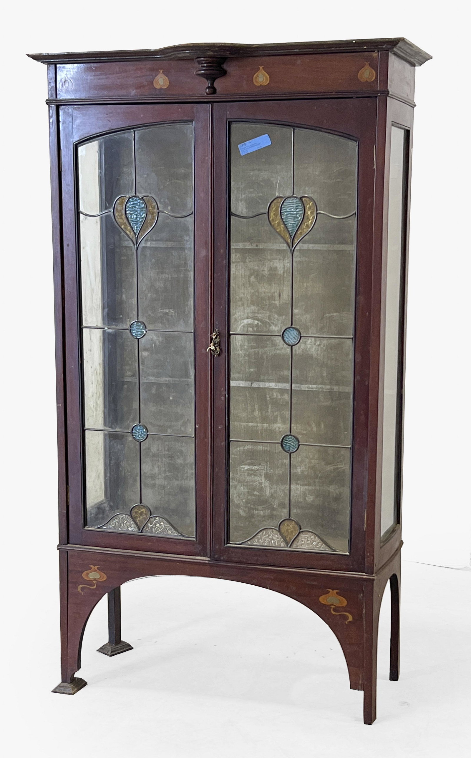 Art Nouveau Inlaid Cabinet: Lot 22 Art Nouveau Inlaid Cabinet with stained glass detailing to doors, velvet lined interior, with key 62 3/4 x 35 1/2 x 16 1/2 inches Pickup and shipping available ONLY from the Westhampton, NY War