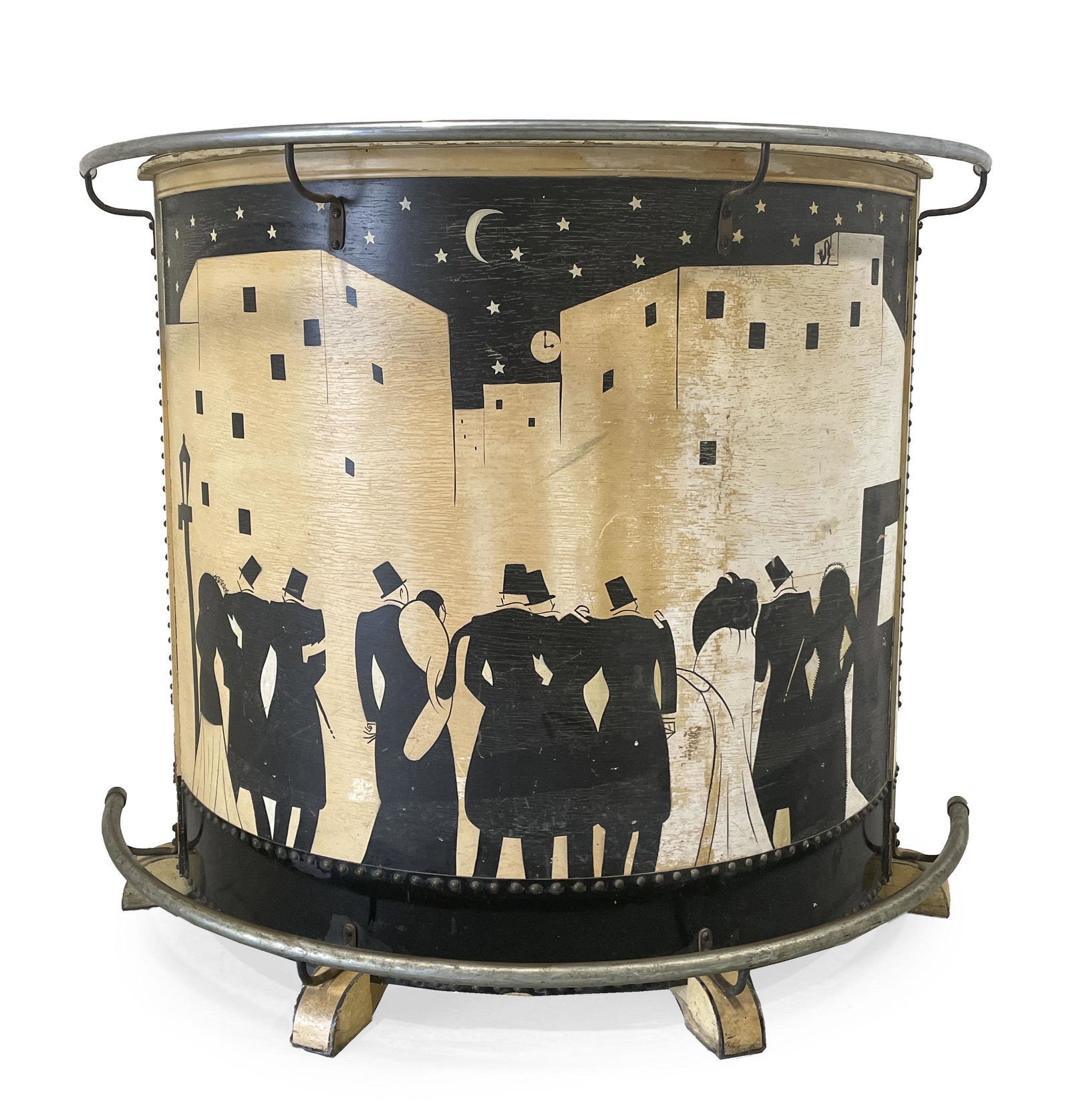 Art Deco Demilune Dry Bar: Lot 109 Art Deco Demilune Dry Bar signed 'RMS,' the tacked wood exterior with silhouette motif, with hand and foot rail, the interior with shelving and single cabinet door with compartmentalized inter